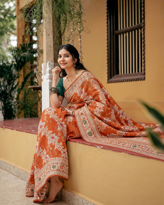 Orange Pure Chiffon Saree with Floral Meenakari Jaal Weaving