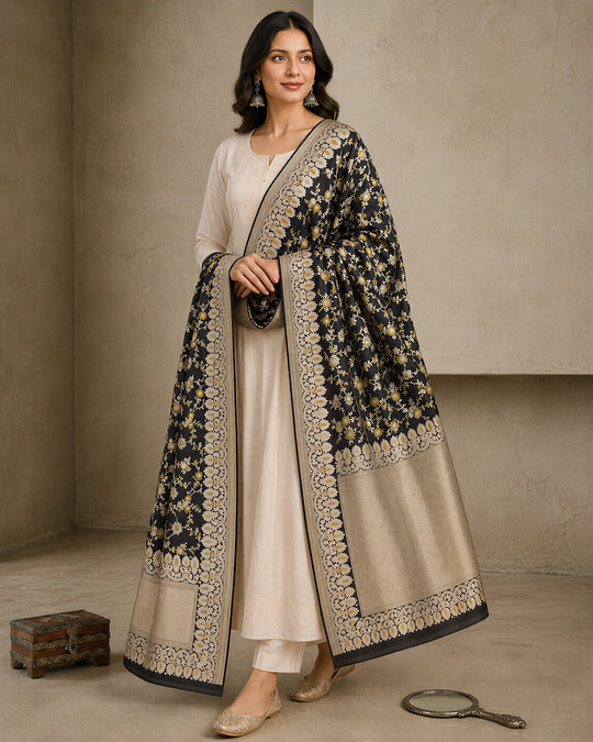 Black Pure Katan Silk Dupatta with Floral Zari Weaves