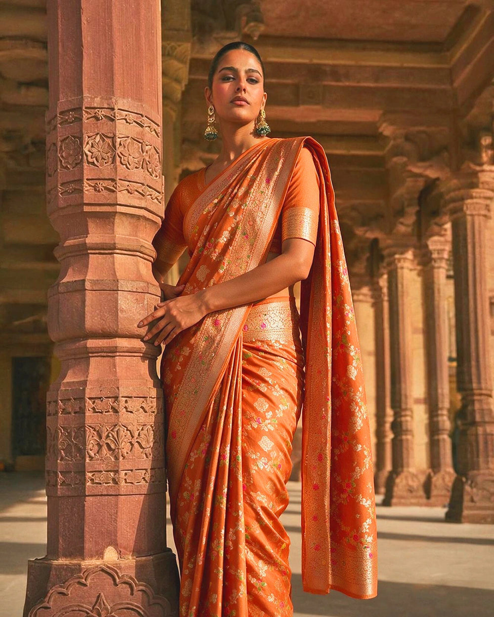 Orange Pure Banarasi Saree with Floral Jaal and Vibrant Meenakari Weaves