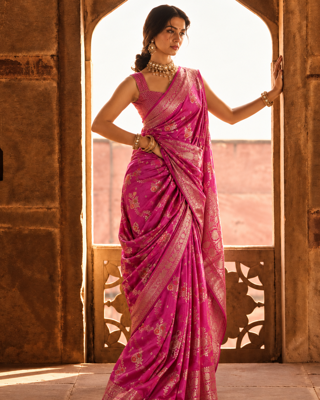 Rani Pink Pure Banarasi Saree with Floral Butidar Weaves