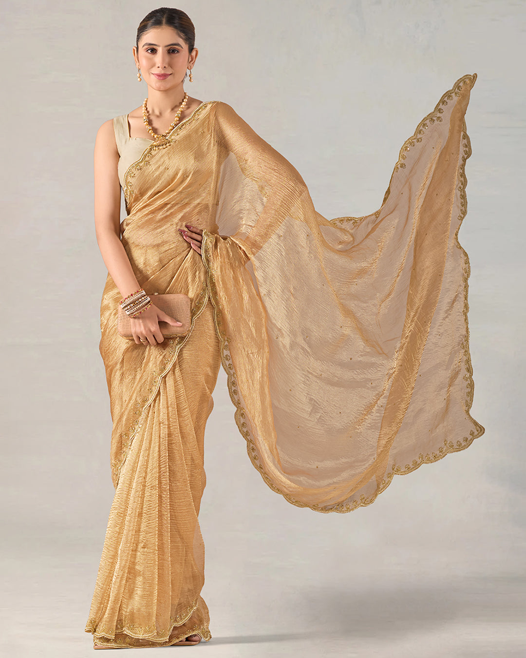 Golden Mist Pure Tissue Saree with Hand Thread Work Border