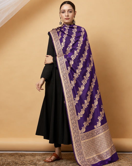 Purple Pure Katan Dupatta with Diagonal Floral Zari Bel Weaving
