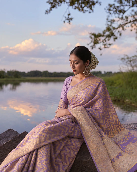Lilac Pure Chiffon Saree with Golden Chevron Zigzag Weaving