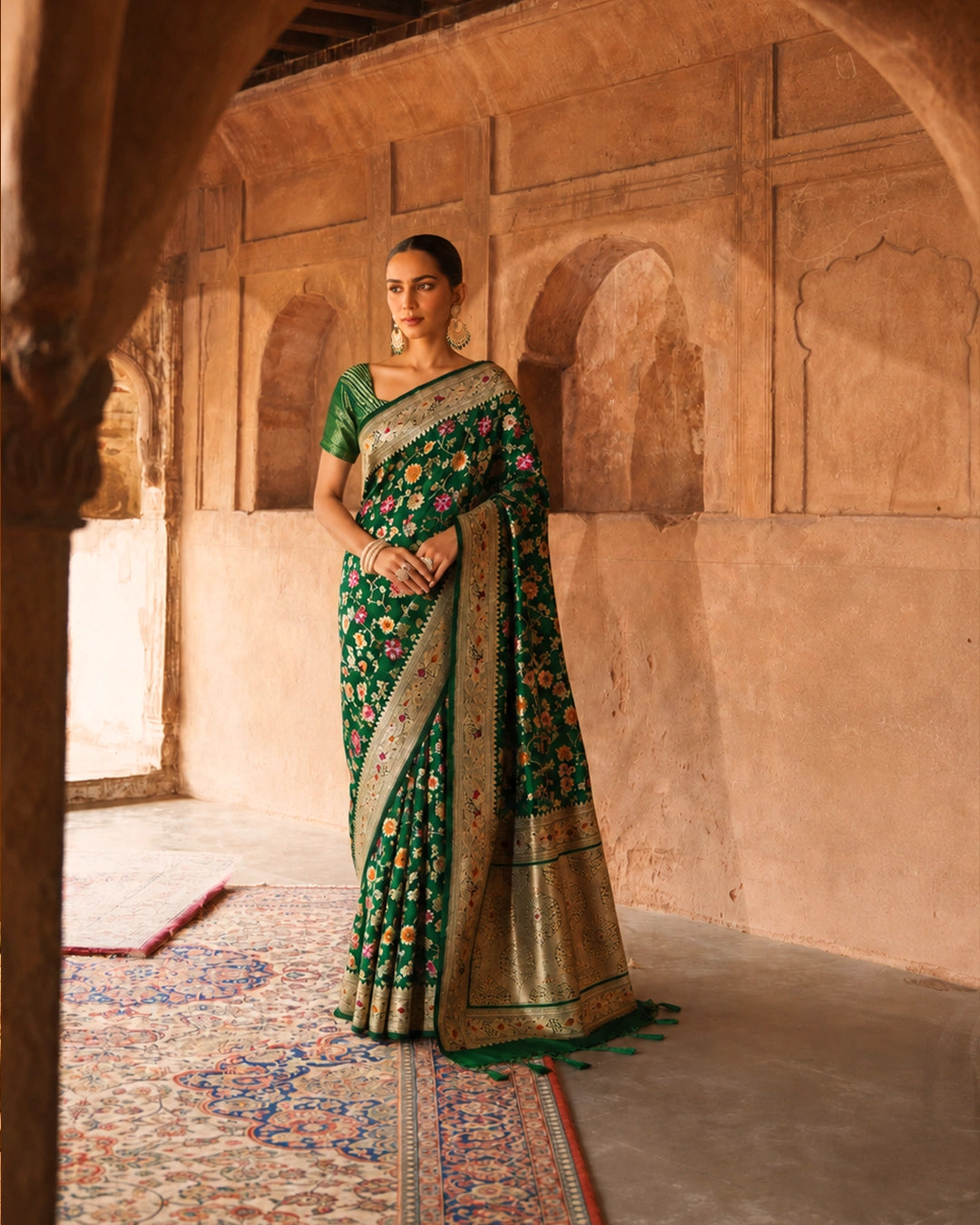 Green Pure Katan Saree with Meenakari Blooming Floral Jaal