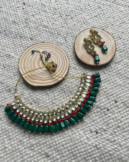 Gold Plated Kundan Studded Red & Green Beaded Choker Set