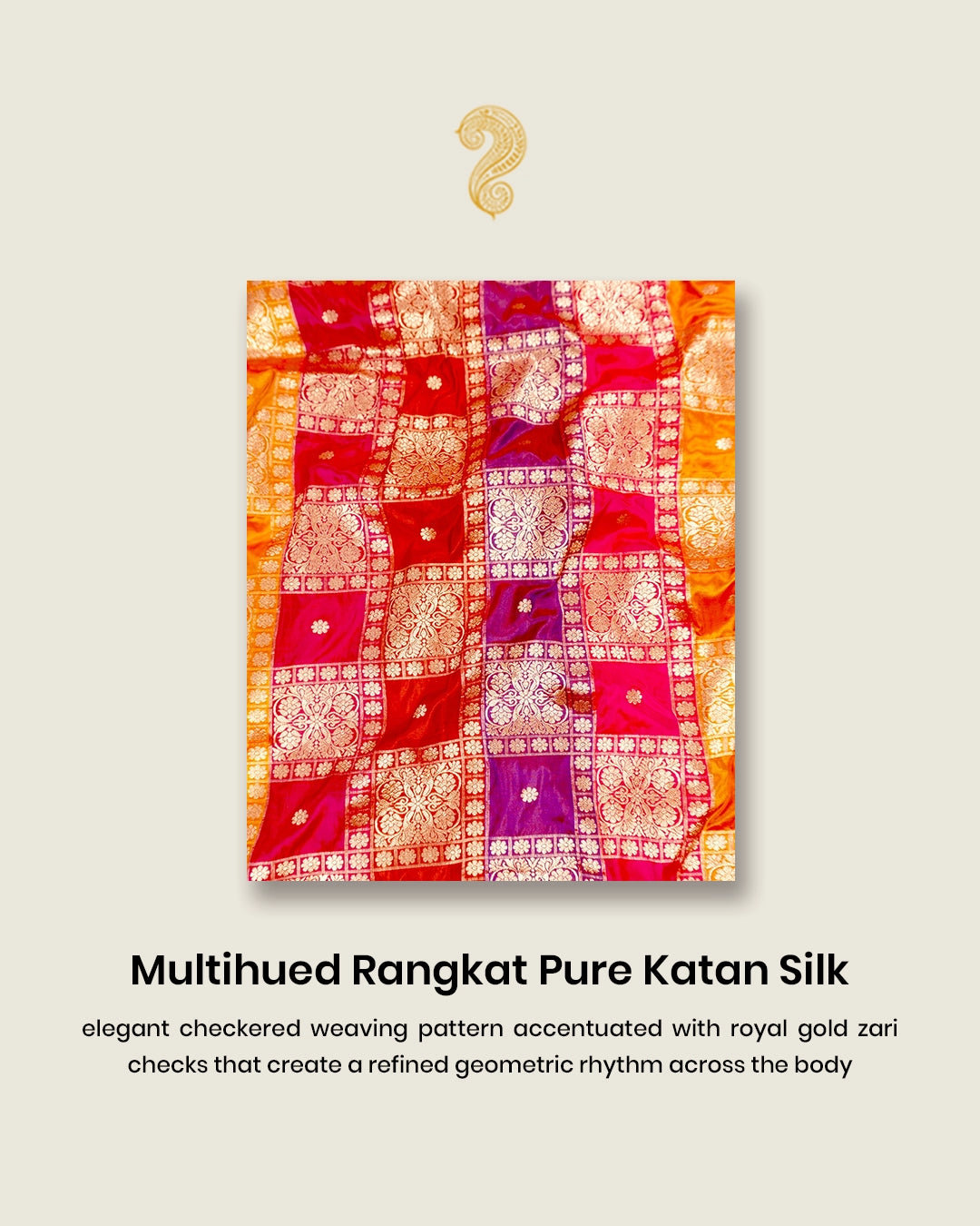 Multihued Rangkat Pure Katan Saree with Checkered Weaving
