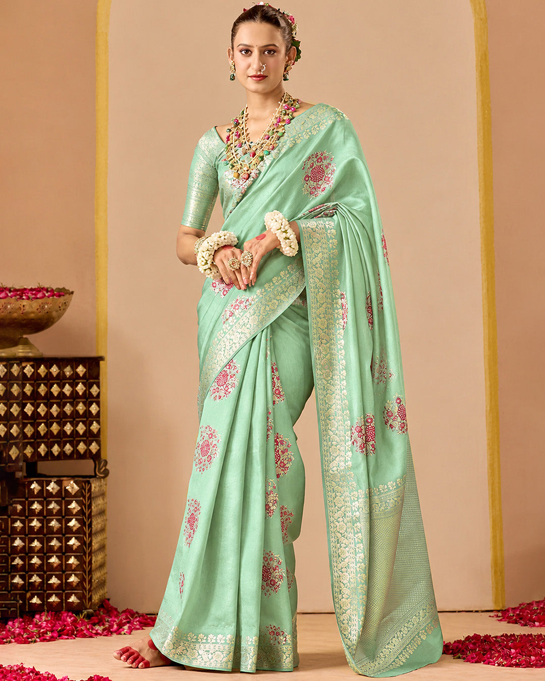Celadon Pure Banarasi Silk Saree with Graceful Meenakari Floral Weaving