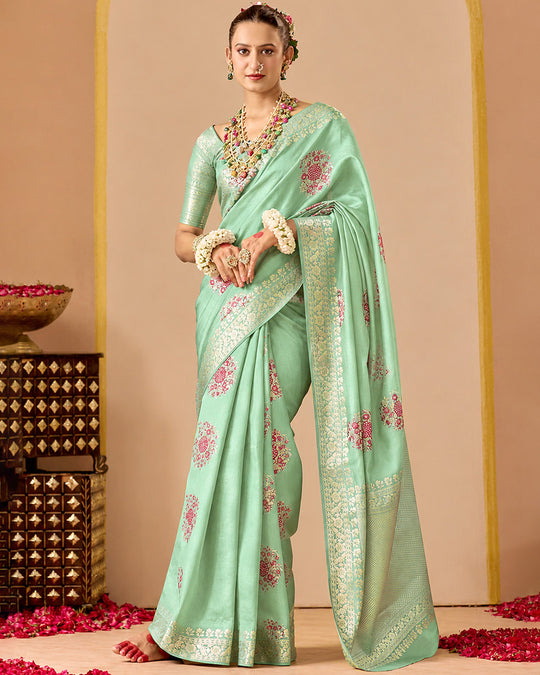 Celadon Pure Banarasi Silk Saree with Graceful Meenakari Floral Weaving