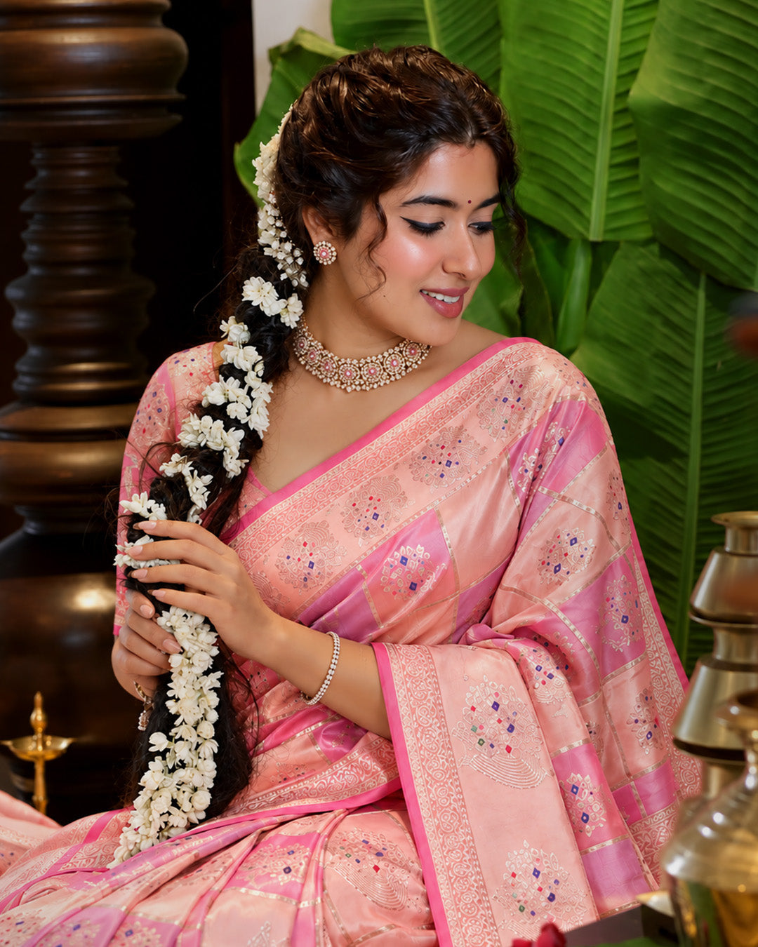 Pastel Rangkat Pure Banarasi Saree with Checkered Meenakari Floral Weaves