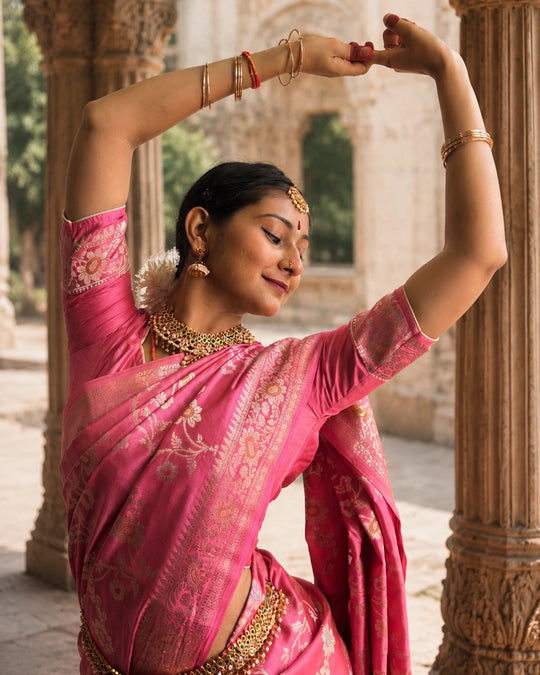 Pink Pure Banarasi Saree with Floral Meenakari Trail Weaves