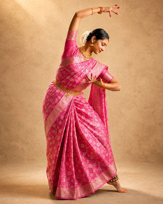 Pink Pure Banarasi Saree with Floral Meenakari Trail Weaves