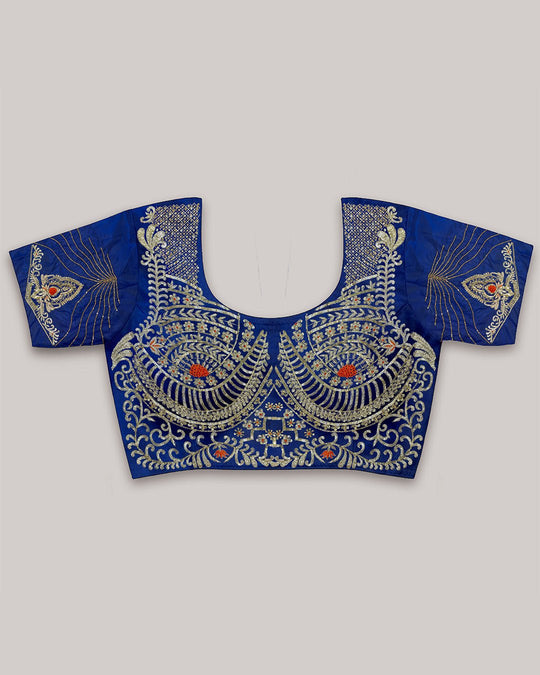 Blue Pure Katan Saree with Zardozi Hand - Embroidered Blouse - katansi