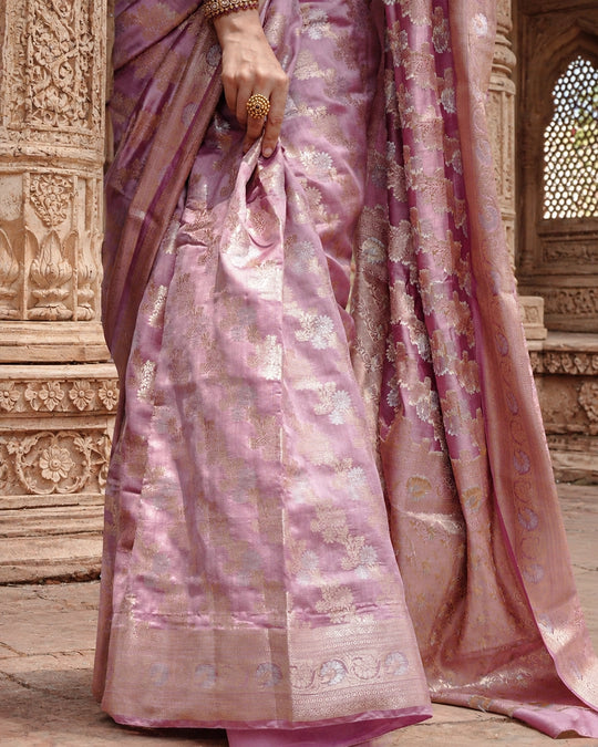 Soft Lilac Pure Banarasi Saree with Intricate Floral Zari Weaving