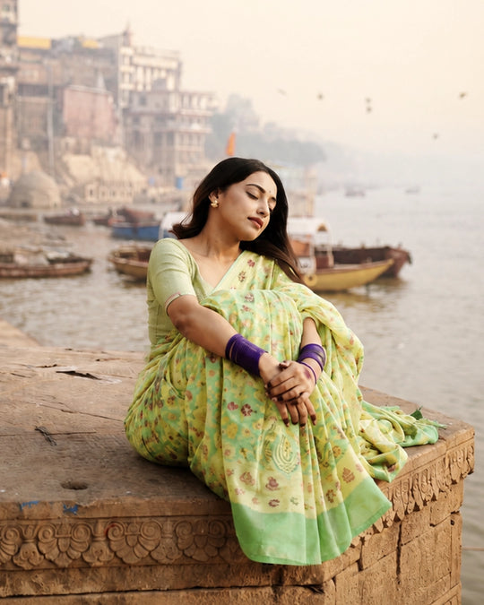 Light Green Pure Chiffon Saree with Multicolour Floral Weaves