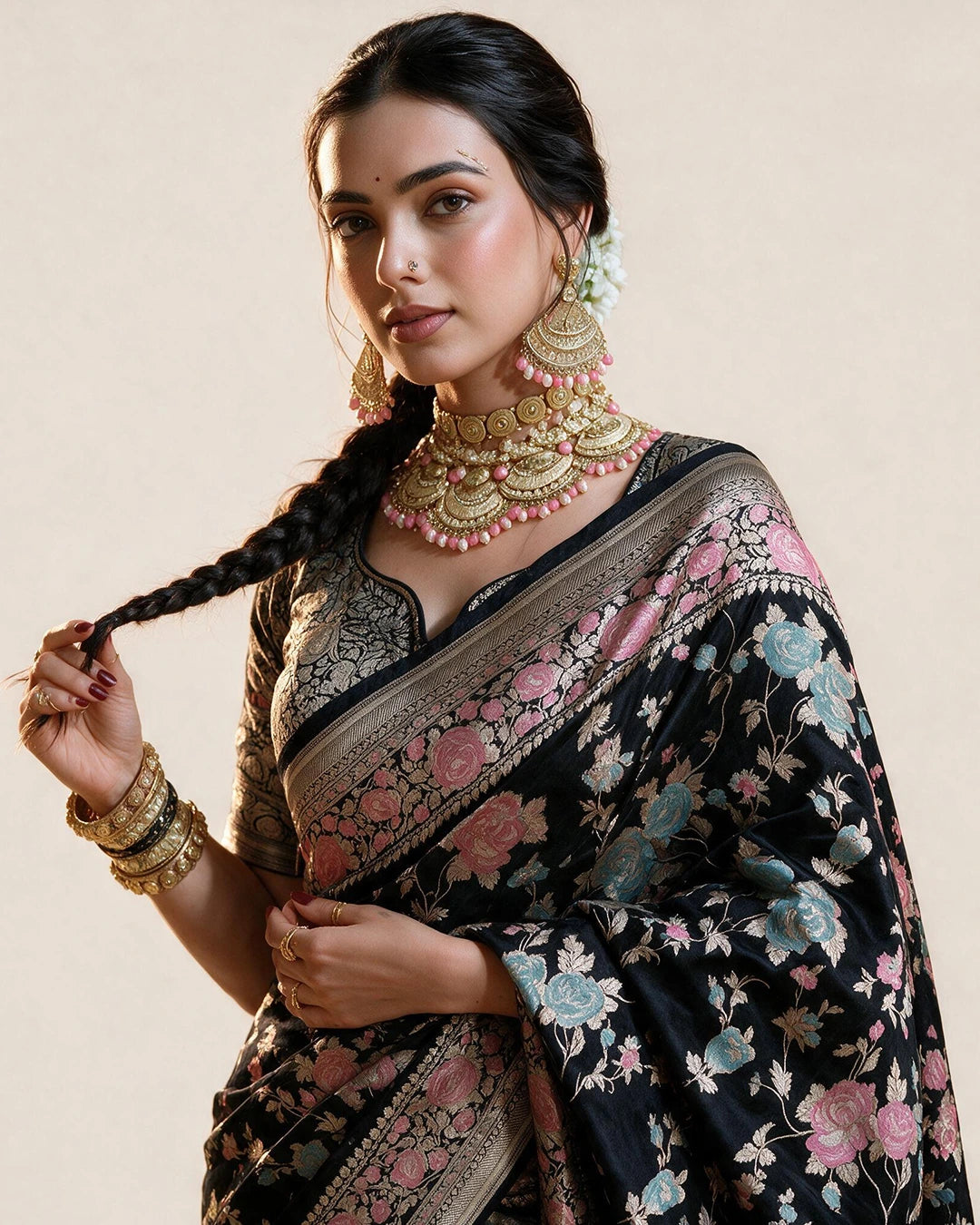 Black Pure Katan Saree with Legacy Meenakari Floral Craftsmanship