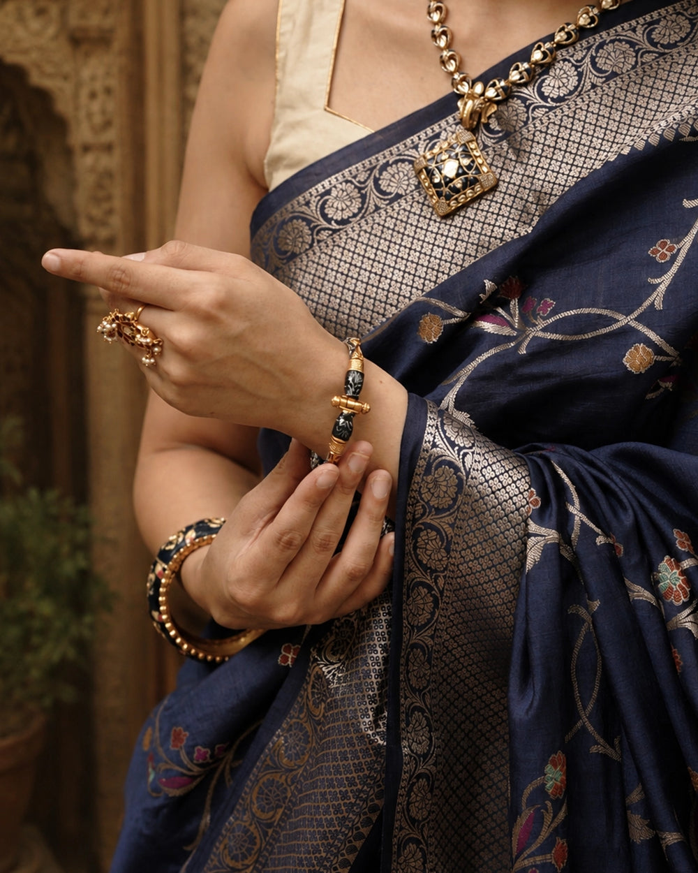 Blue Pure Banarasi Saree with Floral Meenakari Zari Weaving