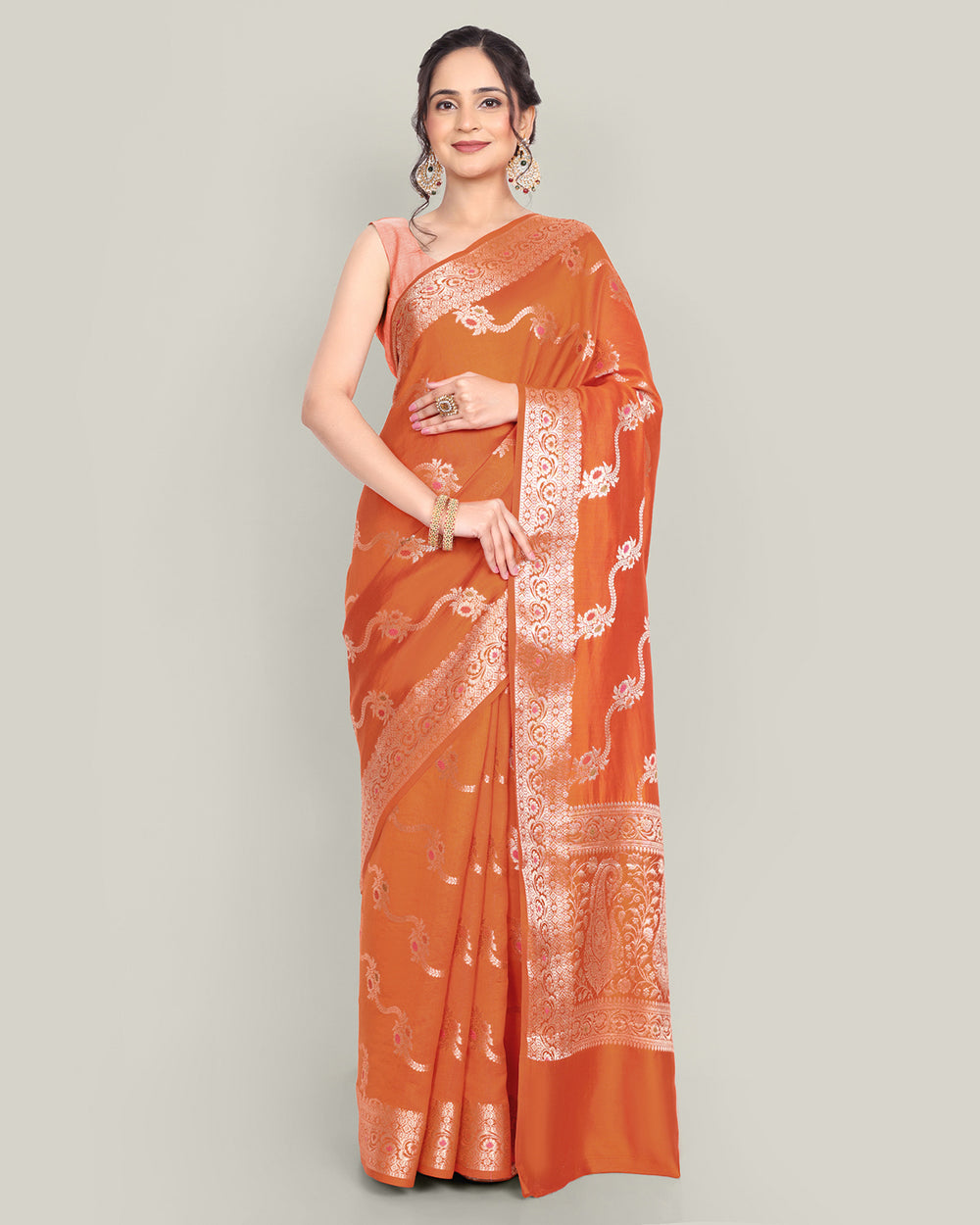 Saffron Orange Floral Jaal Handwoven Pure Banarasi Silk Saree