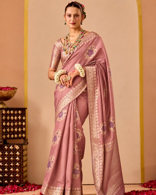 Dusty Rose Pure Banarasi Saree with Floral Meena Weaves