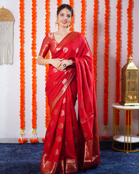 Cherry Red Handwoven Banarasi Chiniya Silk Saree