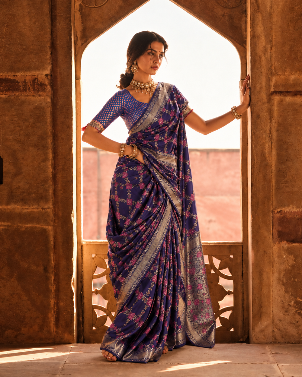 Deep Blue Pure Banarasi Saree with Diamond Floral Jaal Weaves