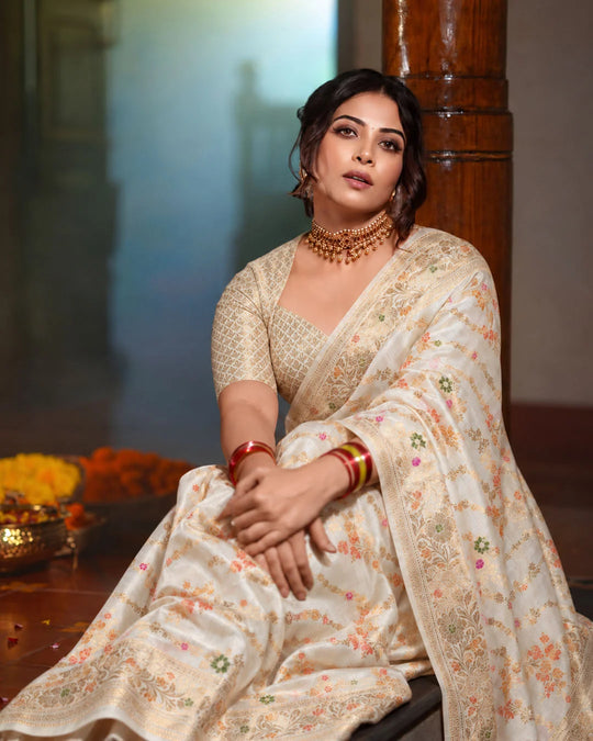 Cream Pure Banarasi Saree with Multicolour Floral Butidar Weaves