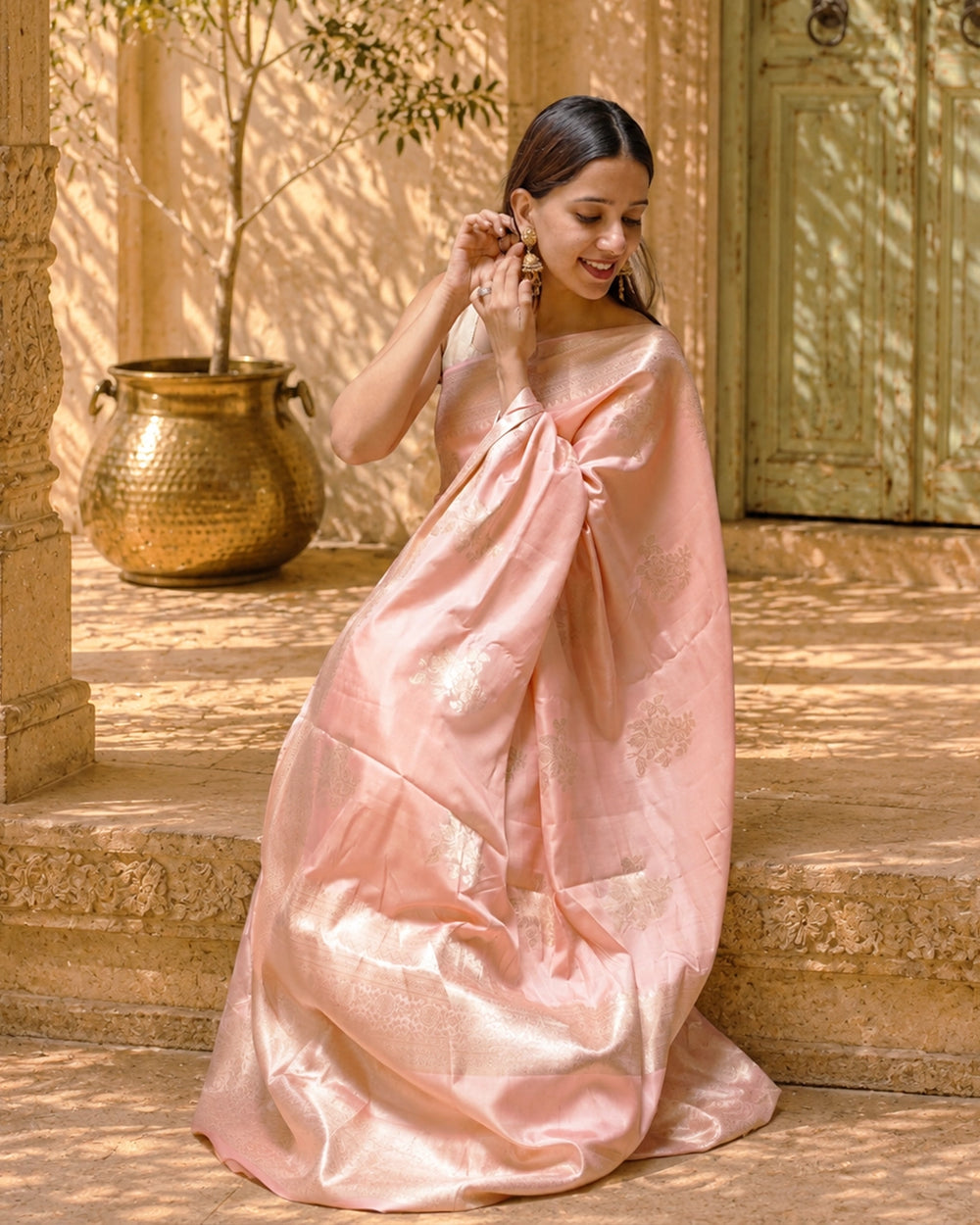 Salmon Peach Pure Banarasi Saree with Fine Zari Floral Motifs Weaves