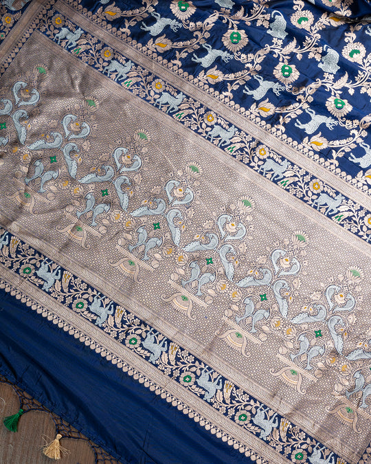 Sapphire Blue Pure Katan Silk Saree With Artful Meenakari Floral Jaal