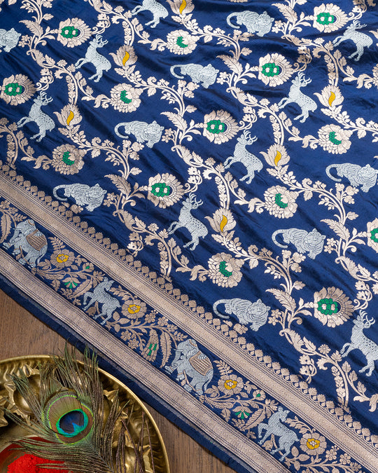 Sapphire Blue Pure Katan Silk Saree With Artful Meenakari Floral Jaal