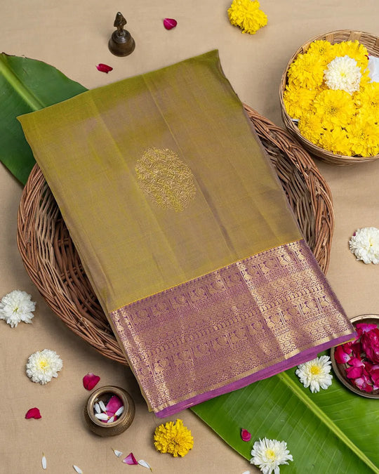 Moss Green Dual Shade Pure Kanjivaram Saree with Gold Crest Butas Weave - katansi