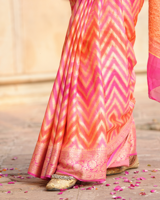 Sadabahaar Pure Chiffon Banarasi Silk Saree in Radiant Sunset Hues with Enchanting Chevron Weaves