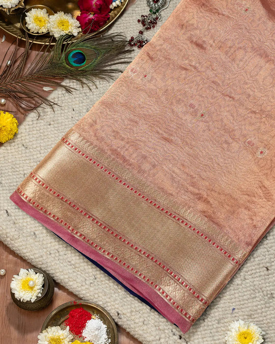 Rose Peach Pure Tissue Saree with Minimal Buti Weaves