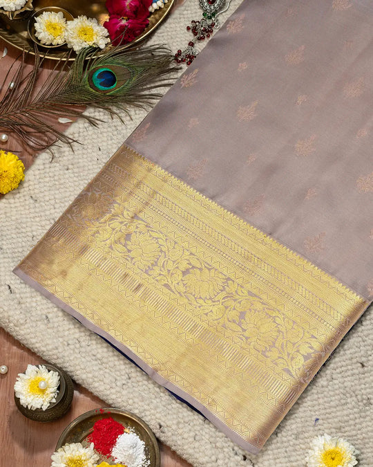 Grey Pure Kanjivaran Saree with Leaf Motifs Buti and Traditional Zari Florals