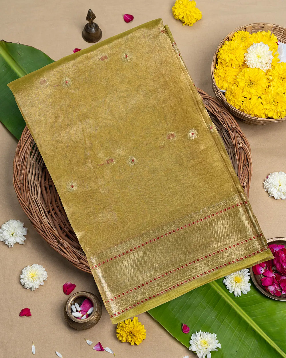 Antique Gold Pure Tissue Saree with Delicate Buti Weaves