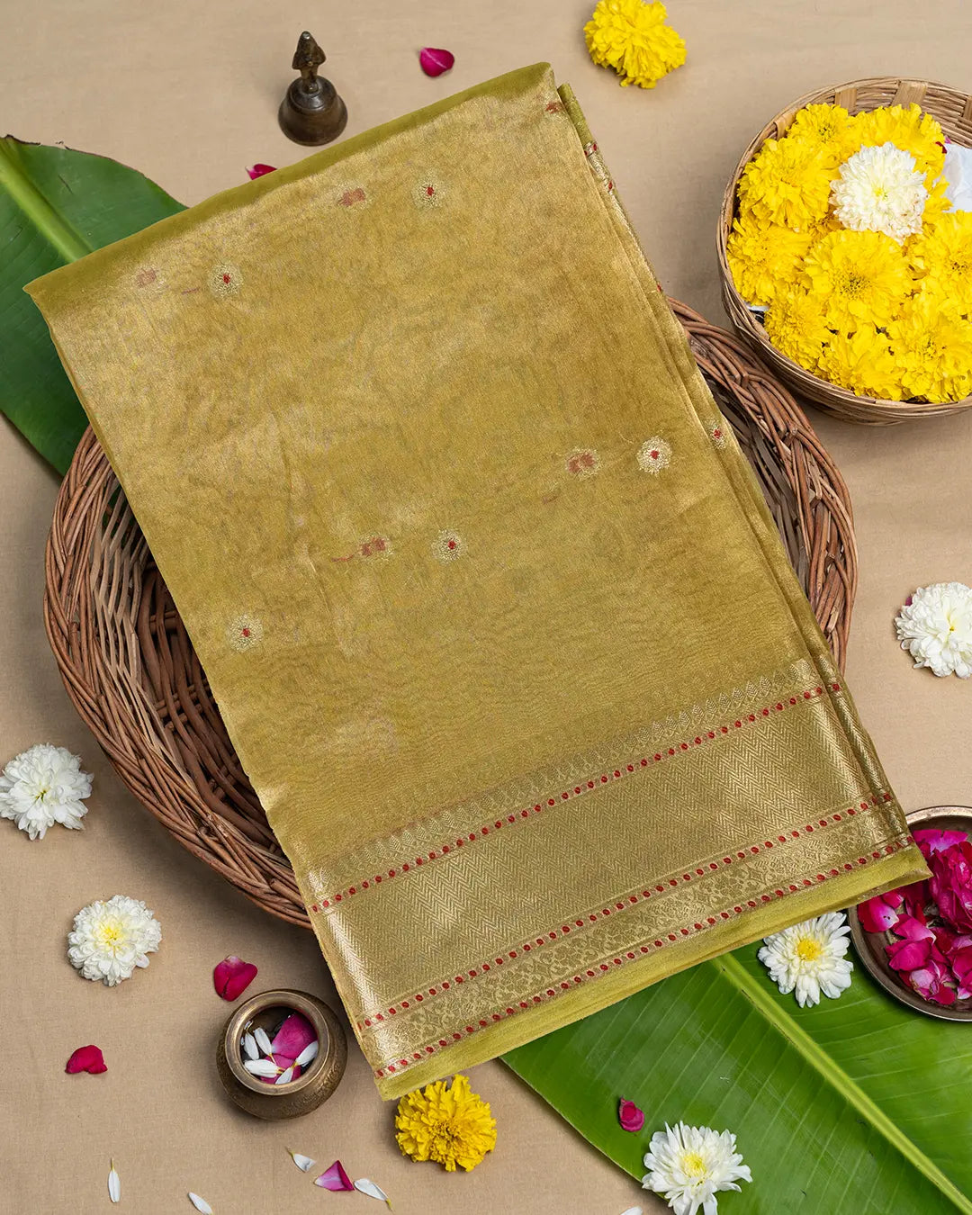 Antique Gold Pure Tissue Saree with Delicate Buti Weaves