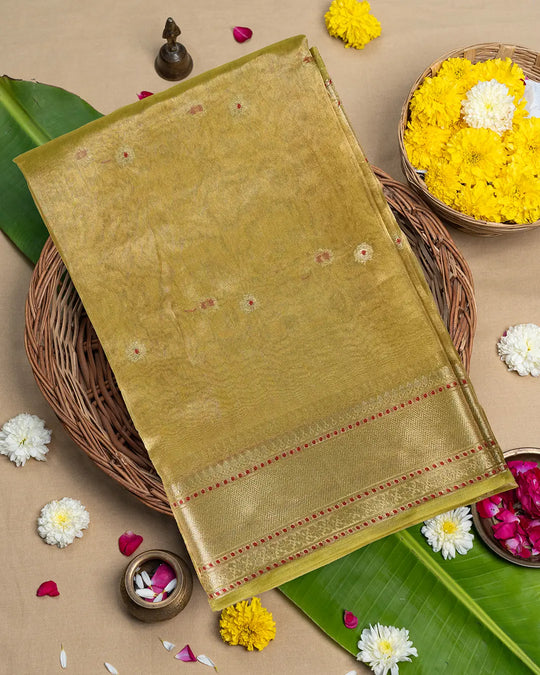 Antique Gold Pure Tissue Saree with Delicate Buti Weaves
