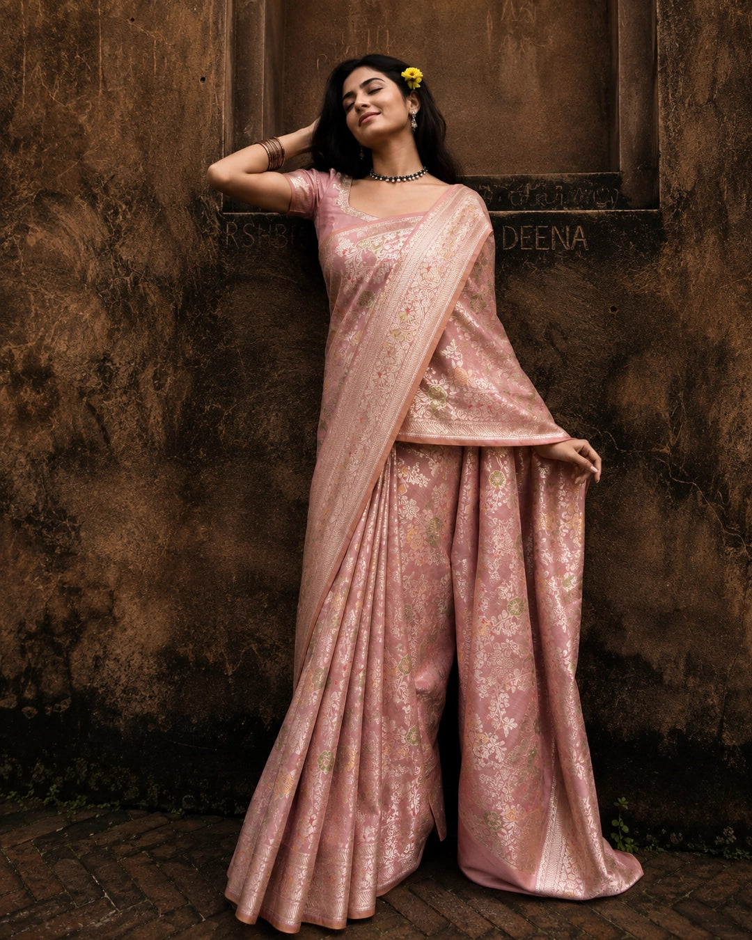 Peach Pink Pure Banarasi Saree with Multicolour Meenakari Floral Jaal