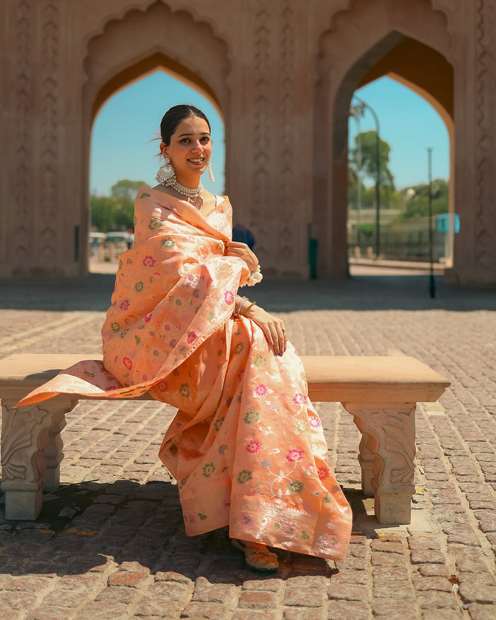 Ethereal Peach – Pure Banarasi Silk Saree with Floral Zari Weave and Meenakari Work Embellishments