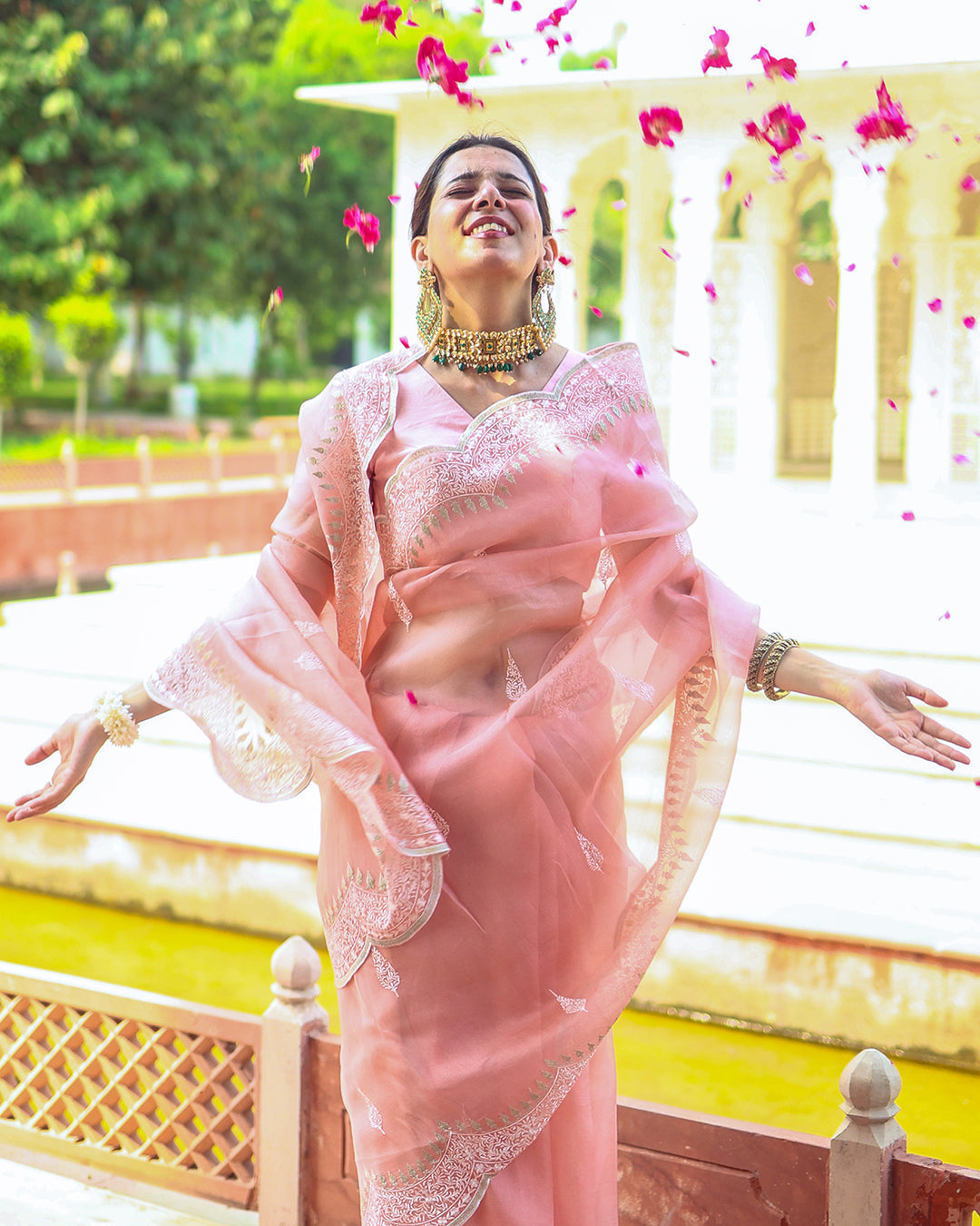 Soft Blush Pink Pure Organza Saree with Elegant Handcrafted Embroidery