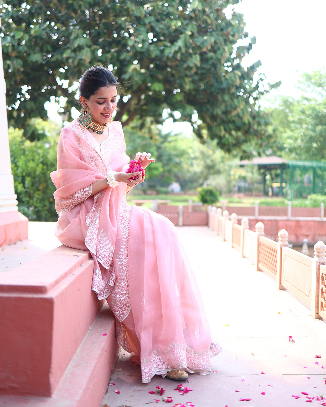 Soft Blush Pink Pure Organza Saree with Elegant Handcrafted Embroidery