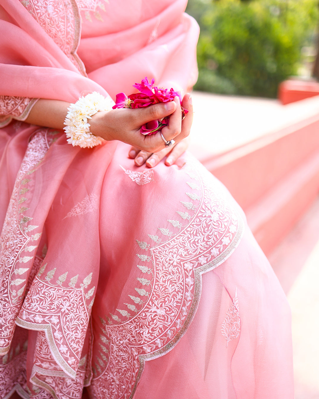 Soft Blush Pink Pure Organza Saree with Elegant Handcrafted Embroidery