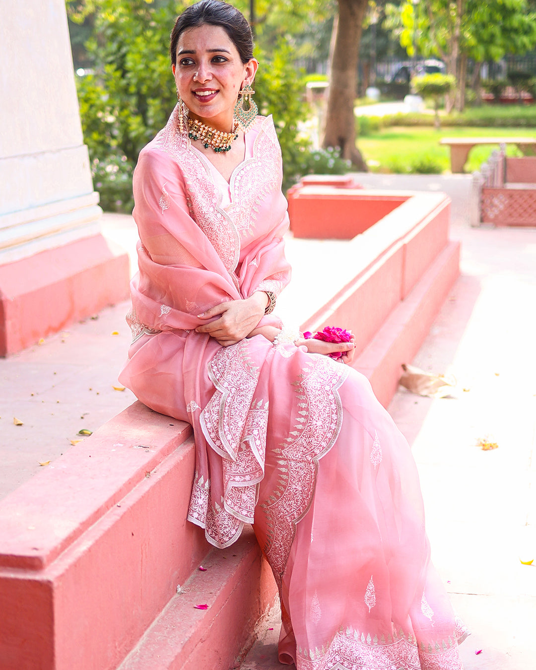 Soft Blush Pink Pure Organza Saree with Elegant Handcrafted Embroidery