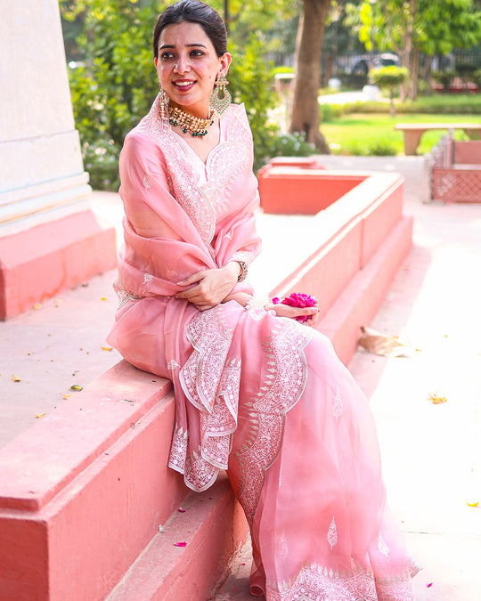 Soft Blush Pink Pure Organza Saree with Elegant Handcrafted Embroidery