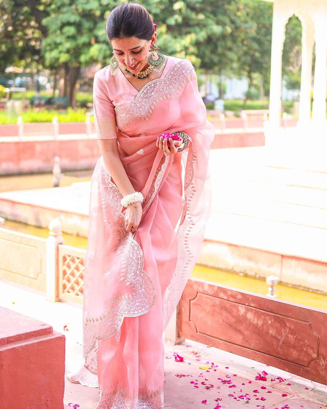 Soft Blush Pink Pure Organza Saree with Elegant Handcrafted Embroidery