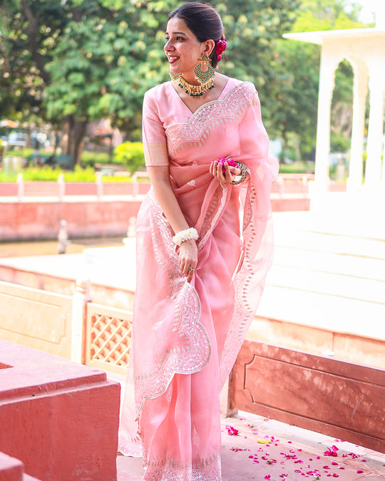 Soft Blush Pink Pure Organza Saree with Elegant Handcrafted Embroidery
