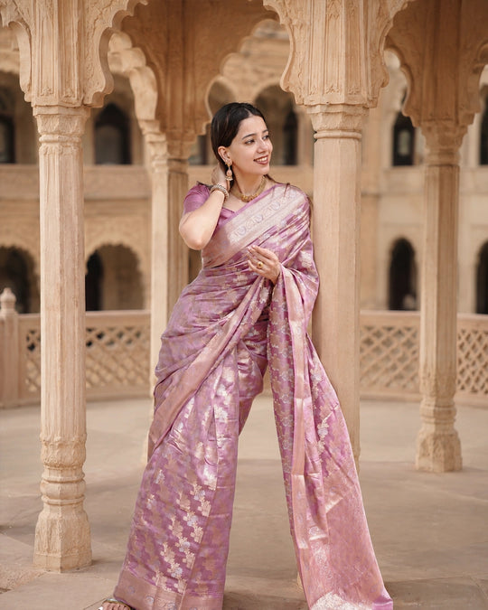 Soft Lilac Pure Banarasi Saree with Intricate Floral Zari Weaving