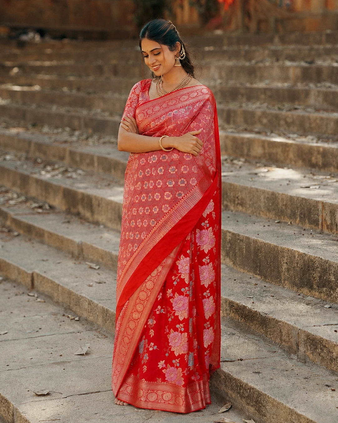 Red Pure Banarasi Saree with Pastel Floral Meenakari Weaving