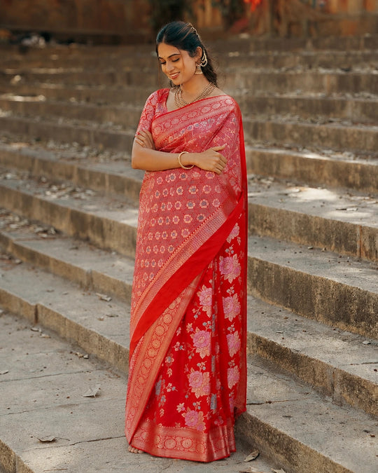 Red Pure Banarasi Saree with Pastel Floral Meenakari Weaving