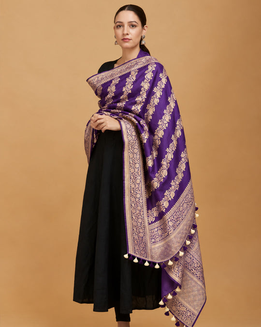Purple Pure Katan Dupatta with Diagonal Floral Zari Bel Weaving