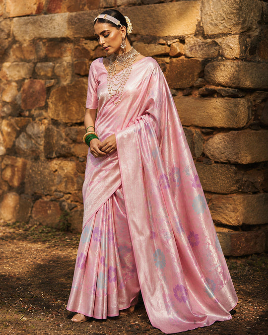 Pink Pure Banarasi Saree with Multicolour Floral Meenakari Weaving
