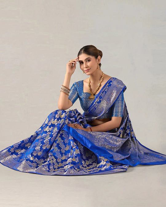 Blue Reverie Pure Banarasi Saree with Gold - Toned Floral Elegance Zari Jaal - katansi